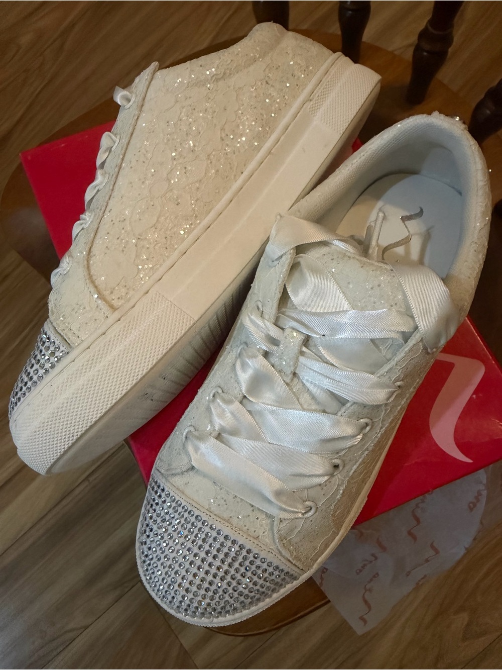 Nina White Lace & Crystal Toe Women's Sneakers